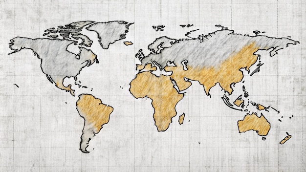 Hand drawn world map with grid lines and highlighted continents
