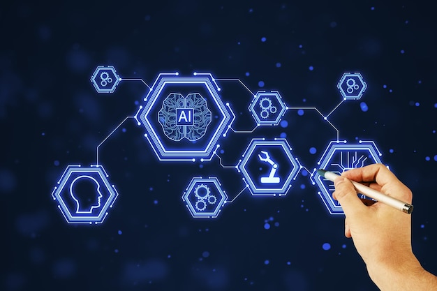 Hand interacting with futuristic AI interface on dark blue background