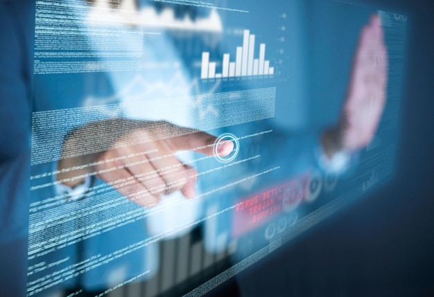 Hand software and hologram with coding graphs and programming with click on dashboard in night Person charts and futuristic ux for analytics insight and statistics for website growth in office