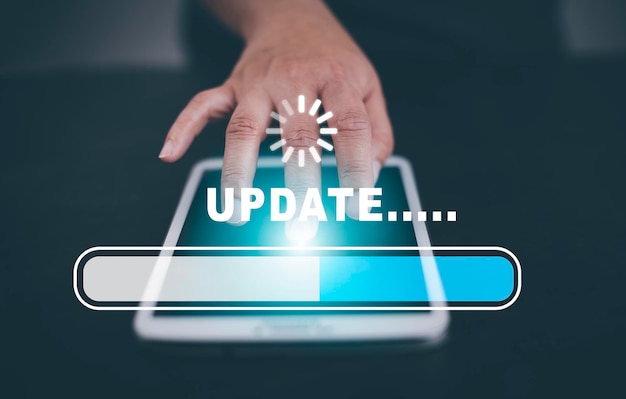 hand touch bar of update software computer program upgrade business technology internet update on virtual screen internet and technology concept loading bar with installing the update