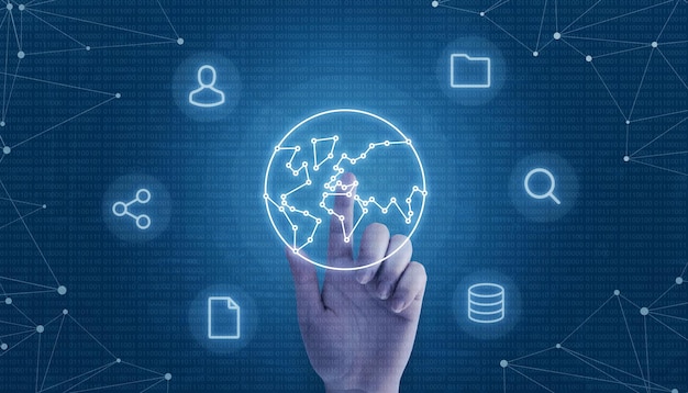 Hand touch globe concept with network threads surrounded with user share file folder search and data icons Binary vode and network threads in background