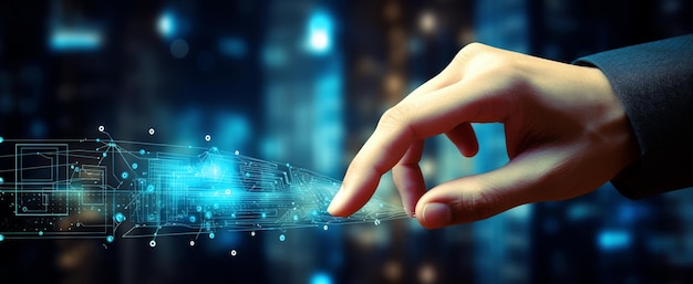 hand touching virtual screen with holding a smart phone with Business Background