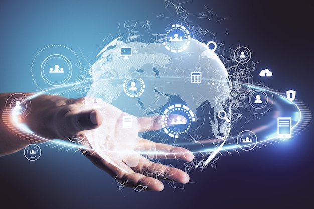 Hand using glowing social network infograph
