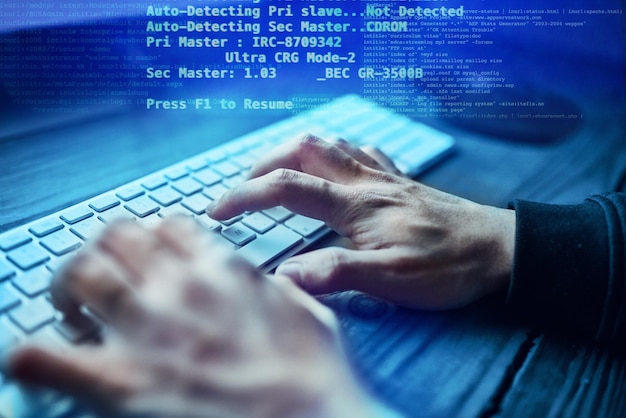Hands hacker and cyber security overlay and website access Data protection online cybercrime and code person with network system for fraud and programming virus for internet web technology