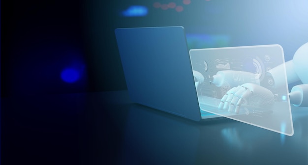 Hands of robot and ai cuicrit data network connection with binary number code background3d rendering