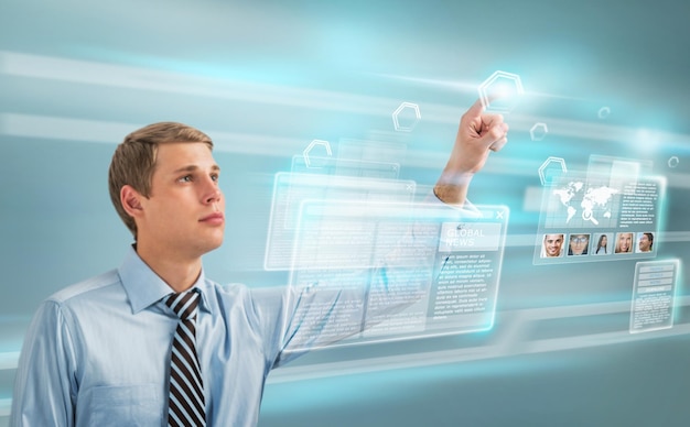 Handsome businesswoman against hightech background