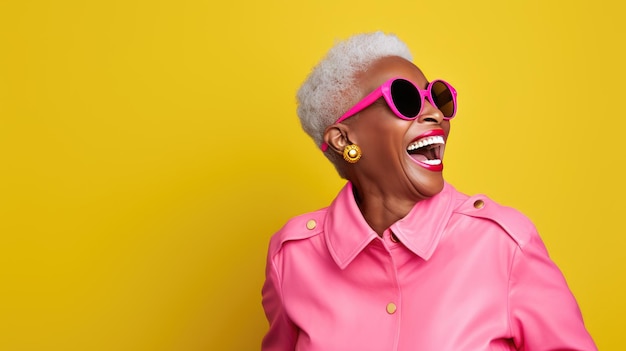 happy and playful mature woman in stylish outfit on yellow background