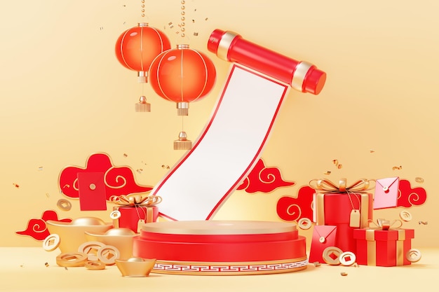 Happy Chinese new year 2023 with the year of Rabbit Traditional Podium for showing product Lunar new year red background decorate with Chinese texture gold coins and zodiac sign 3D render