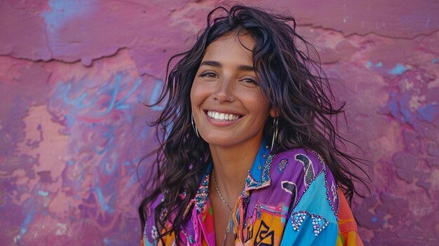 happy lady subdued tones street photography vibrant hiphop jacket and purple blue pink and orange hues
