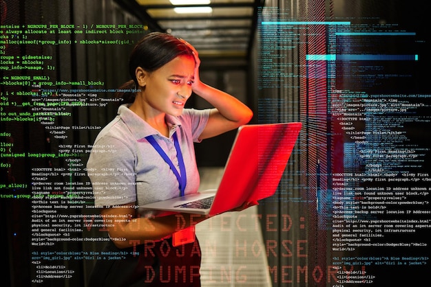Headache hacker stress and black woman with code overlay feeling anxiety from laptop glitch Cybersecurity computer 404 problem and it coding analytics graphic with employee burnout at night