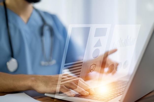 Health insurance Doctor working in office at hospital and visual screen technology concept life insurance medical and heal care insurance concept