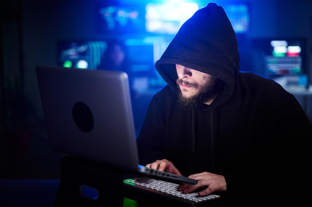 hidden hacker in sweatshirt and hoodie hacking security systems concept of cyber attack and malware