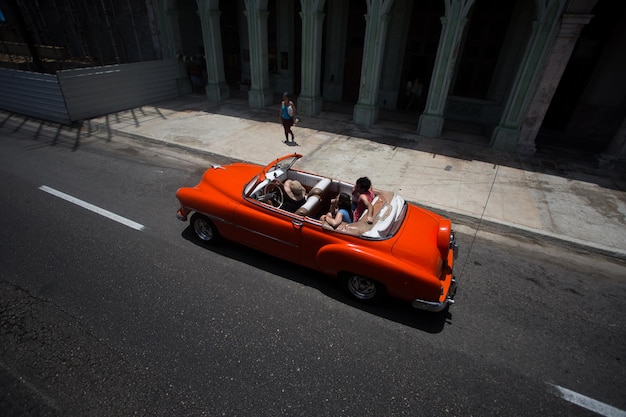 high angle view of people in car on street