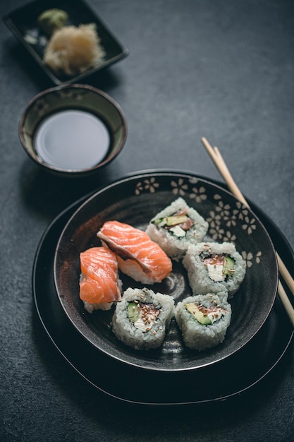 high angle view of sushi in plate on table