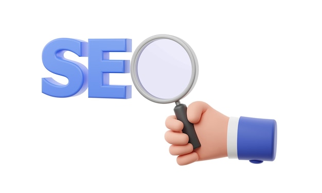 Hình ảnh 3D minh họa logo SEO với kính lúp trên nền trắng