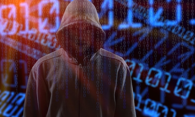 hooded hacker man on numbers background, hack concept