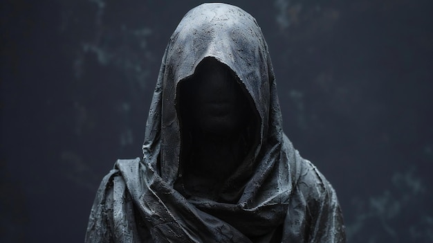 hooded mysterious figure isolated on dark background front view