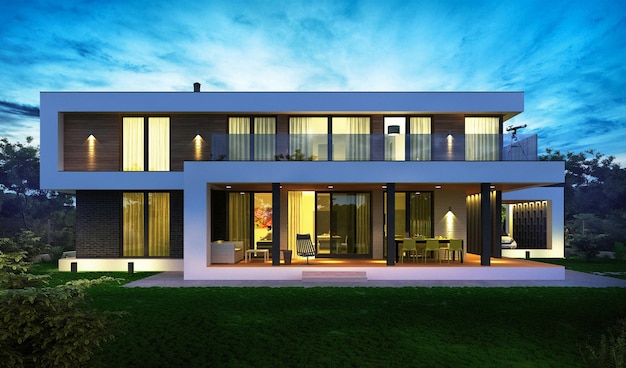 House with a terrace and a large green area. 3D visualization.