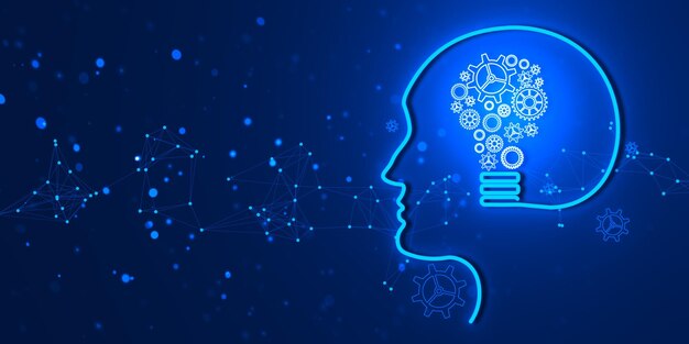 human head silhouette with cogwheels representing a lightbulb on blue background 3d rendering