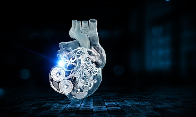 Human heart made of mechanisms and elements. Mixed media