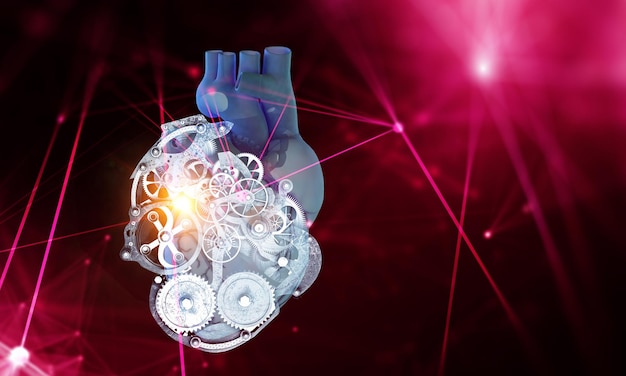 Human heart made of mechanisms and elements. Mixed media