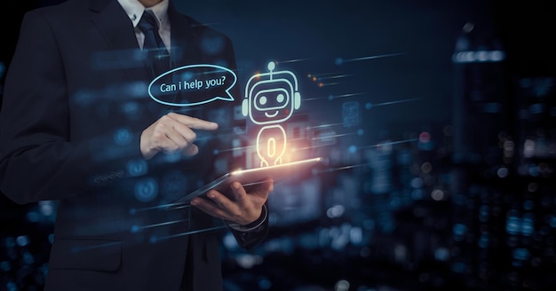 Human interact with AI artificial intelligence virtual assistant chatbot in concept of AI artificial