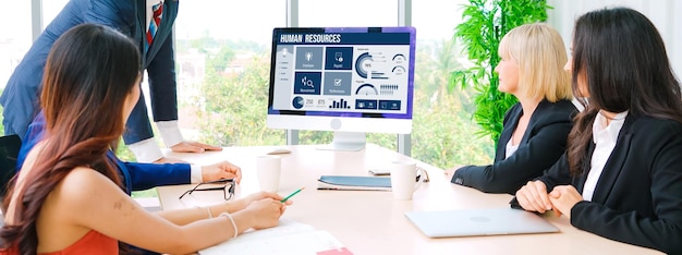 Human resources software on computer screen help employee manage people snugly