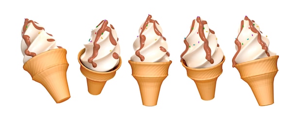 Ice Cream in waffle cone with chocolate Syrup 3d render illustration icon