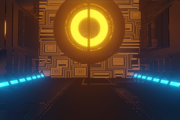 Illuminated corridor interior design. Abstract Futuristic tunnel with light background. 3D rendering