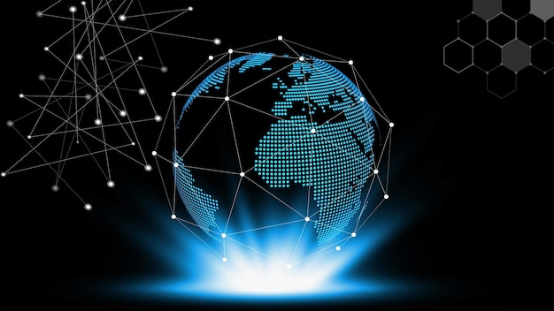 Illuminated globe with connecting dots against black background