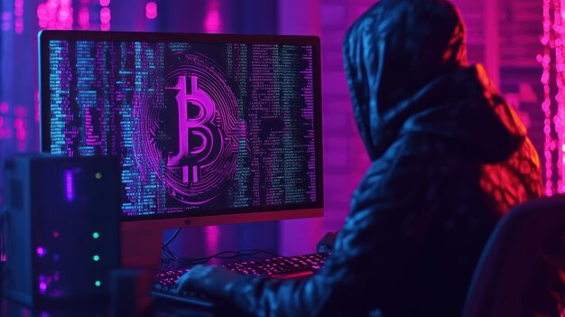 Illustration Hacking with bitcoin icon on binary code city background Ai generated image