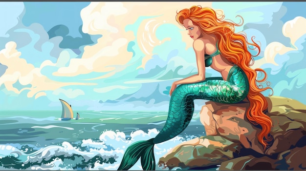 Illustration of a mermaid sitting on a rock on the beachAi generated