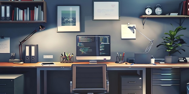 Illustration of a Modern Office Desk with a Computer Desk Lamp and a Plant