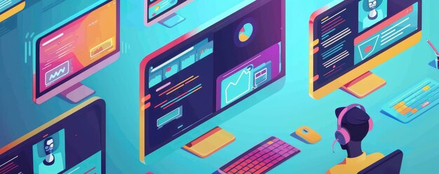 Illustration of a person working on multiple computer monitors with data analytics and coding interf