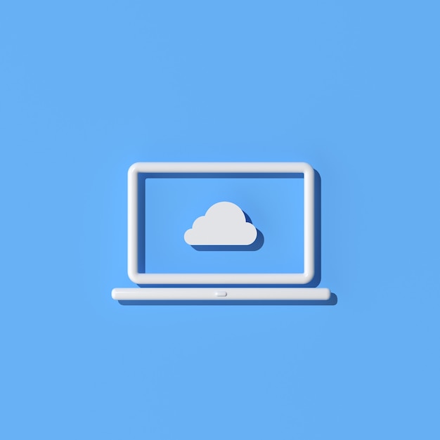Illustration of laptop with cloud computing icon on blue background, Outline style, 3d rendering.