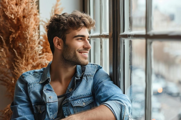 image of a handsome young happy man indoors near window looking aside