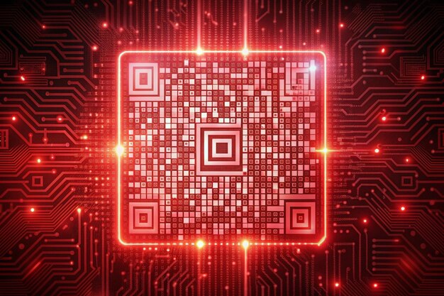 Image of flickering white QR code with red neon lines on red background Information interface digital computer technology concept digitally generated image