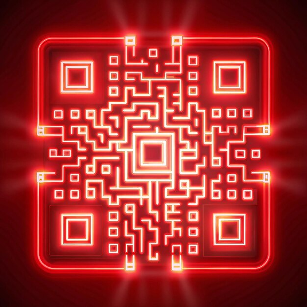 Image of flickering white QR code with red neon lines on red background Information interface digital computer technology concept digitally generated image