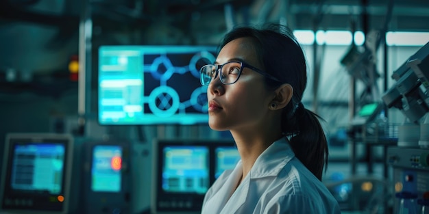 In a hightech lab a scientist is deeply focused on analyzing data using multiple computer screens