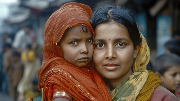 indian mother and child with bombay children in the background