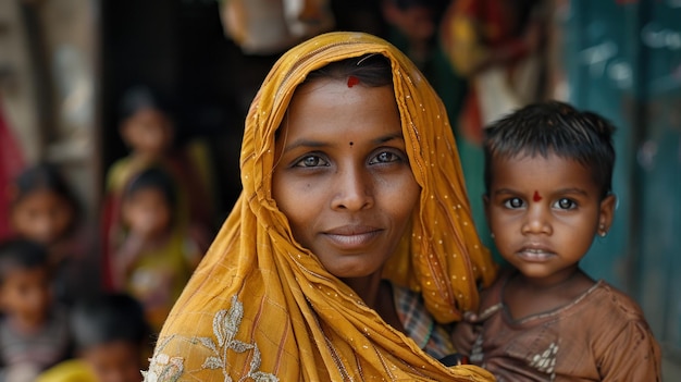 indian mother and child with bombay children in the background
