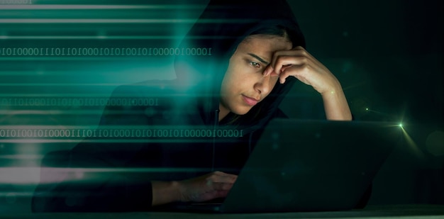 Indian woman hacker and code glitch overlay of cybersecurity problem with coding graphic Programmer criminal and finance software hack with a hacking expert writing algorithm for cybercrime virus