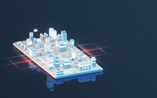 Information transfer between smart phones and cities 3d rendering