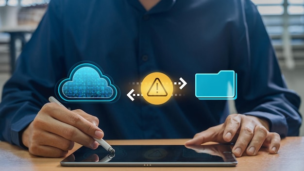 interactive cloud file and folder transfer with warning notifications emphasizing data security encryption and backup solutions for effective cyber risk management