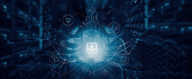 Internet Business Digital technology Network and cybersecurity of data center Engineer protect data in a server room computer Data analytics and protection troubleshooting with a programmer