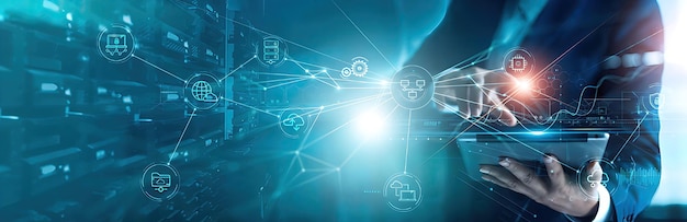 Internet Business Digital technology Network and cybersecurity of data center with engineer working in a server room computer Data analytics troubleshooting with a programmer