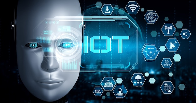 Internet connection controlled by AI robot and machine learning process to analyze data connectivity and cyber security. 3D illustration .