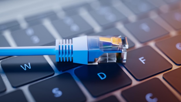 Internet LAN cable on laptop keyboard 3d rendering