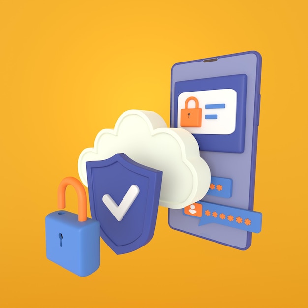 internet security 3d icon of the phone with a lock and cloud on a yellow background