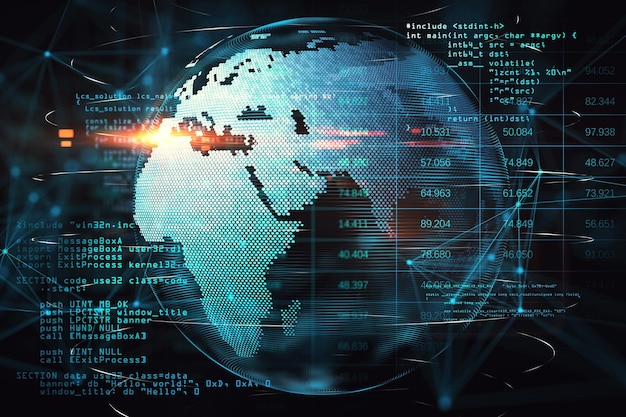 Internet technologies and global social network concept with graphic earth planet globe with bright red light technological indicators and abstract coding background 3D rendering